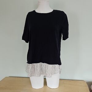 LOFT Navy Short Sleeve Top with Striped Hem